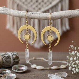 Gold Crescent Moon Sun Earrings Raw Clear Quartz Crystal Celestial Boho Witchy